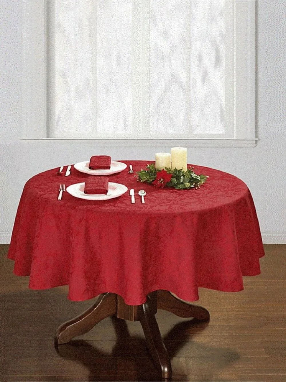 new RED Holiday Medley Damask Fabric 90-inch Tablecloth (Seats 6 to 8)